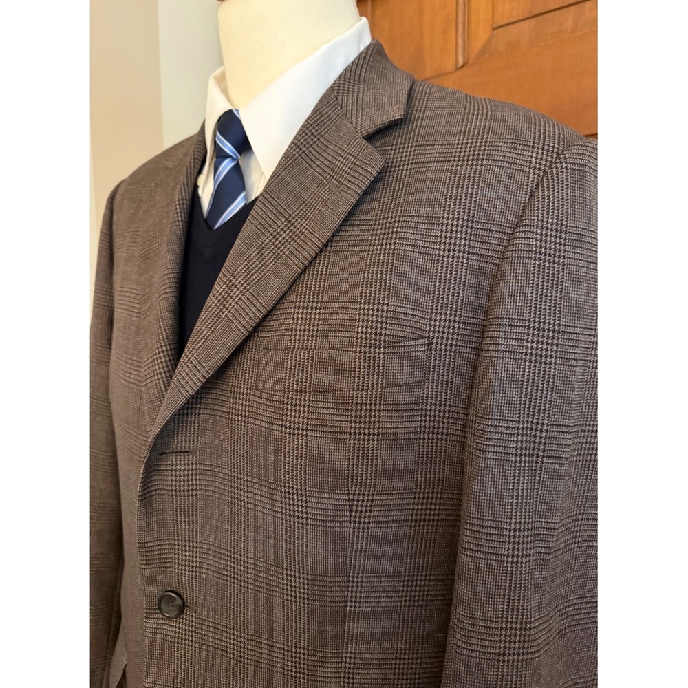 Linea Uomo Glen Check Sport Coat Mens 42R Brown Wool Three-Button Blazer Jacket